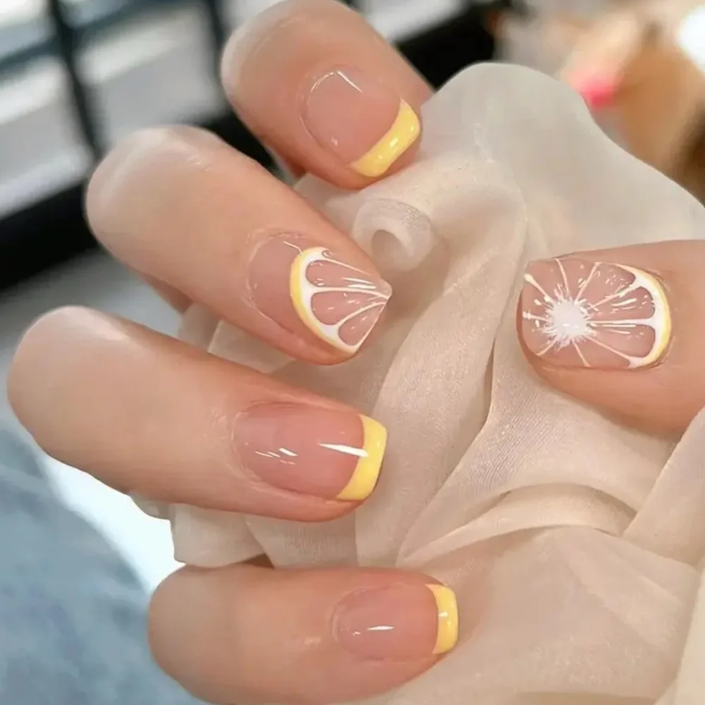 Summer lemon yellow French tip press on nails reusable 24 pcs short length NWT - Picture 3 of 15